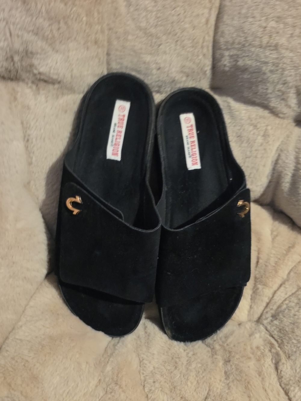 Black Slide Sandals with Gold Accent -